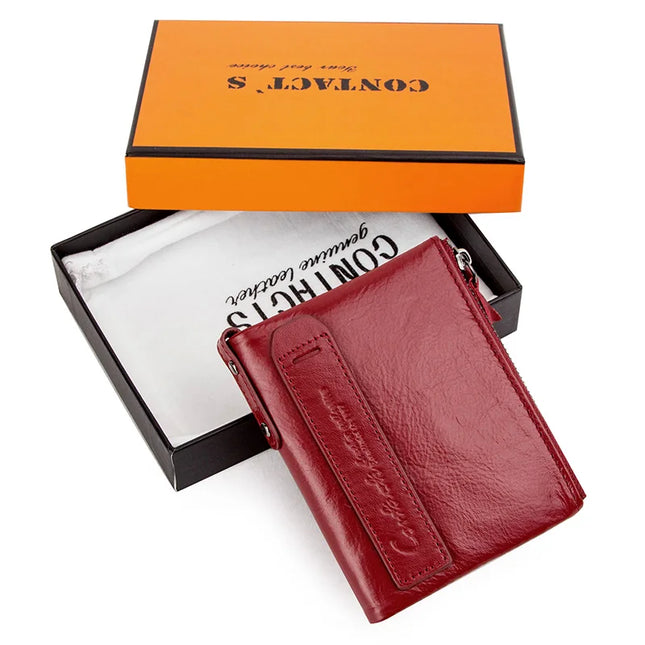 Cartera de Cuero Genuino para Mujer con Doble Cremallera - Genuine Leather Wallet