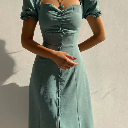 Elegant Dress - Short Sleeves and Button Details
