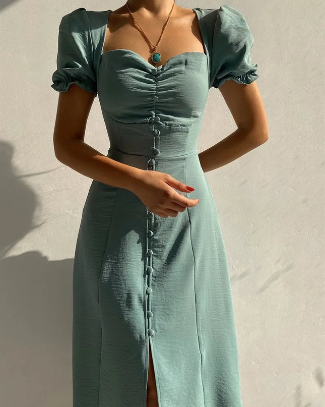 Elegant Dress - Short Sleeves and Button Details