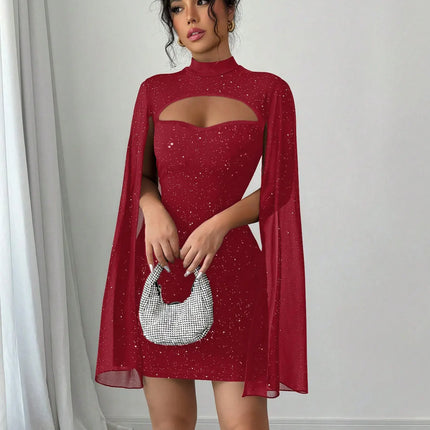 Women’s elegant high-neck sequin mini dress -Mini vestido elegante con lentejuelas y cuello alto para mujer