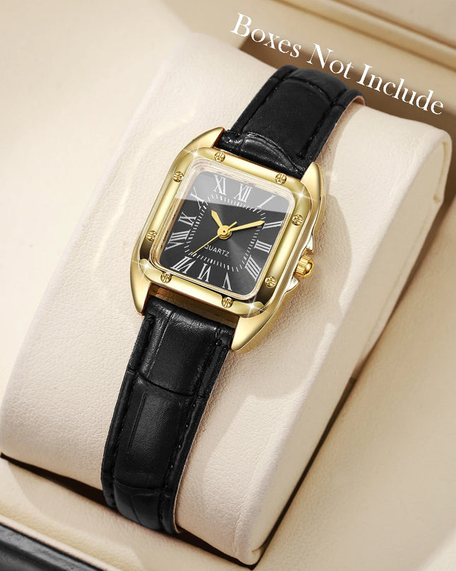 Reloj Clásico Esfera Cuadrada, Cuarzo y Correa de Cuero - Classic Square Dial Quartz Watch with Leather Strap