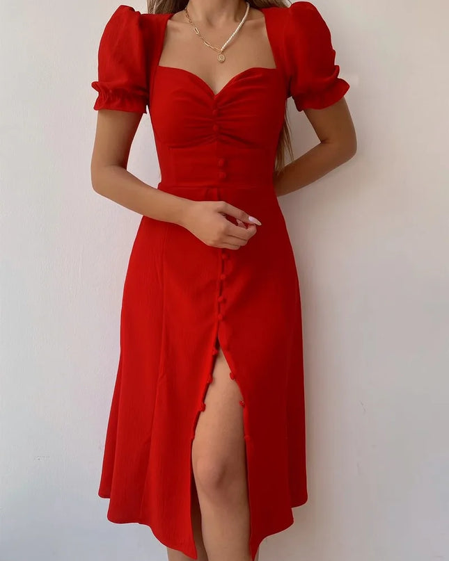 Elegant Dress - Short Sleeves and Button Details