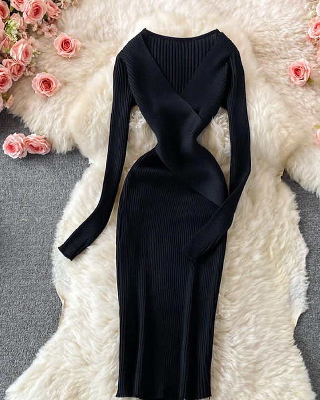 Women’s elegant V-neck cross-wrap knit dress - Vestido elegante de punto cruzado con cuello en V para mujer