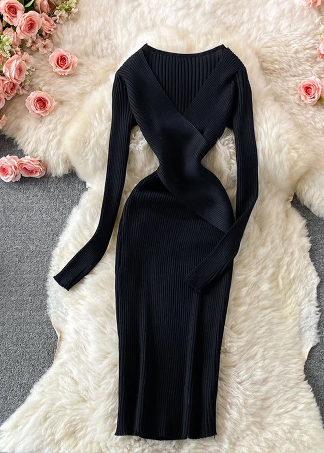 Women’s elegant V-neck cross-wrap knit dress - Vestido elegante de punto cruzado con cuello en V para mujer