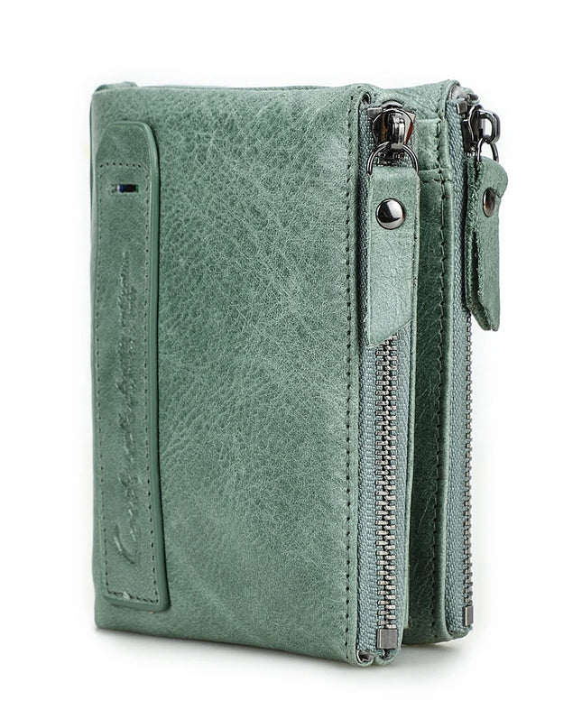 Cartera de Cuero Genuino para Mujer con Doble Cremallera - Genuine Leather Wallet