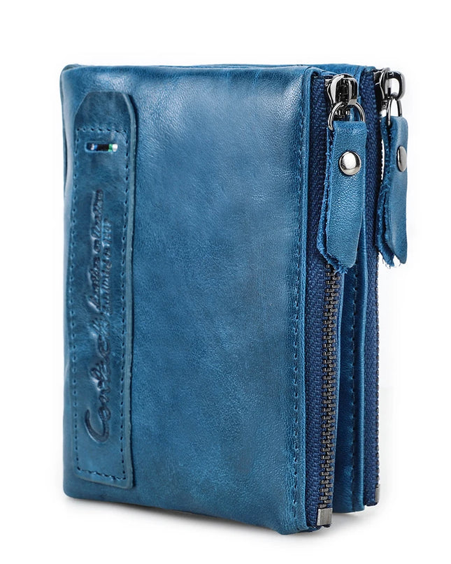 Cartera de Cuero Genuino para Mujer con Doble Cremallera - Genuine Leather Wallet