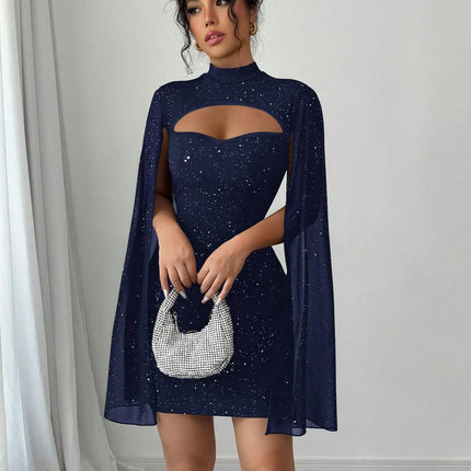 Women’s elegant high-neck sequin mini dress -Mini vestido elegante con lentejuelas y cuello alto para mujer