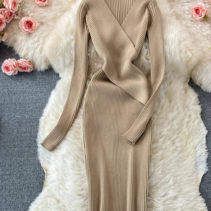 Women’s elegant V-neck cross-wrap knit dress - Vestido elegante de punto cruzado con cuello en V para mujer