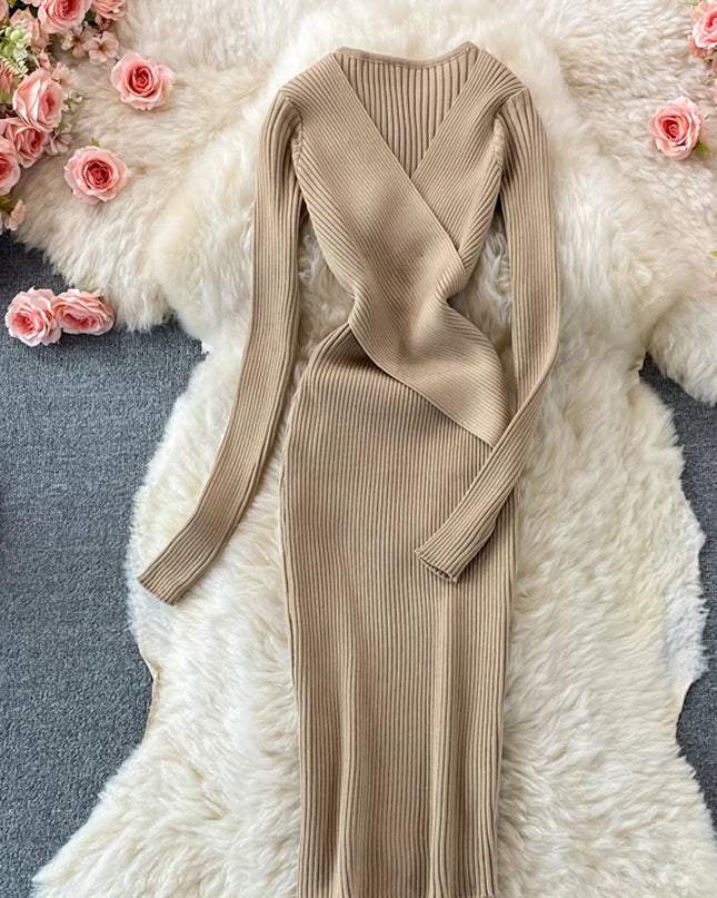 Women’s elegant V-neck cross-wrap knit dress - Vestido elegante de punto cruzado con cuello en V para mujer
