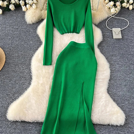 Set – Crop Tops + Fitted Long Skirt with Slit