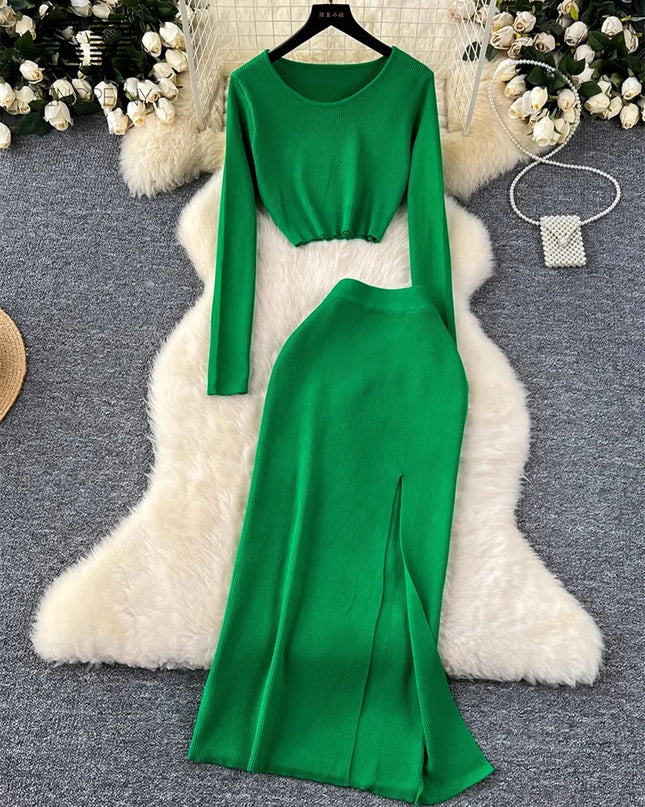 Set – Crop Tops + Fitted Long Skirt with Slit