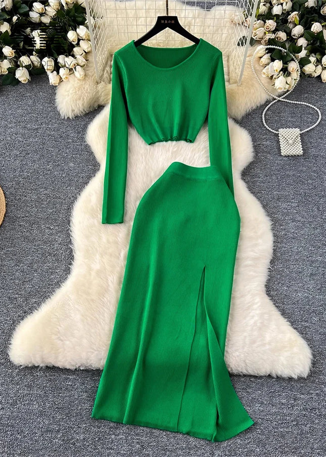 Set – Crop Tops + Fitted Long Skirt with Slit