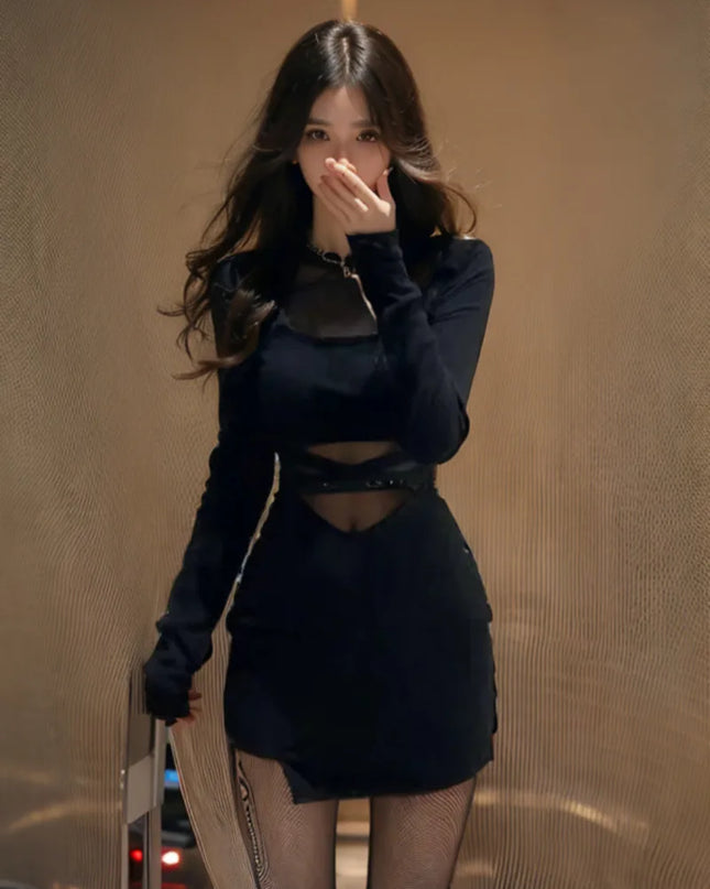 Black Bodycon Dress with Sheer Mesh and Herringbone Detail - Vestido Negro Ajustado con Gasa y Detalle Espina de Pescado