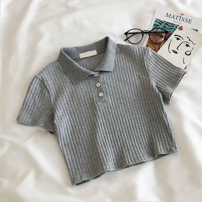 Cropped T-Shirt - Polo Neck with Buttons