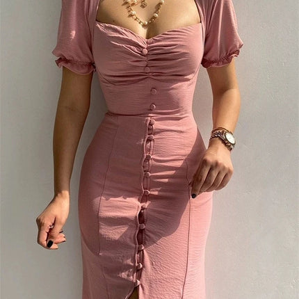 Elegant Dress - Short Sleeves and Button Details