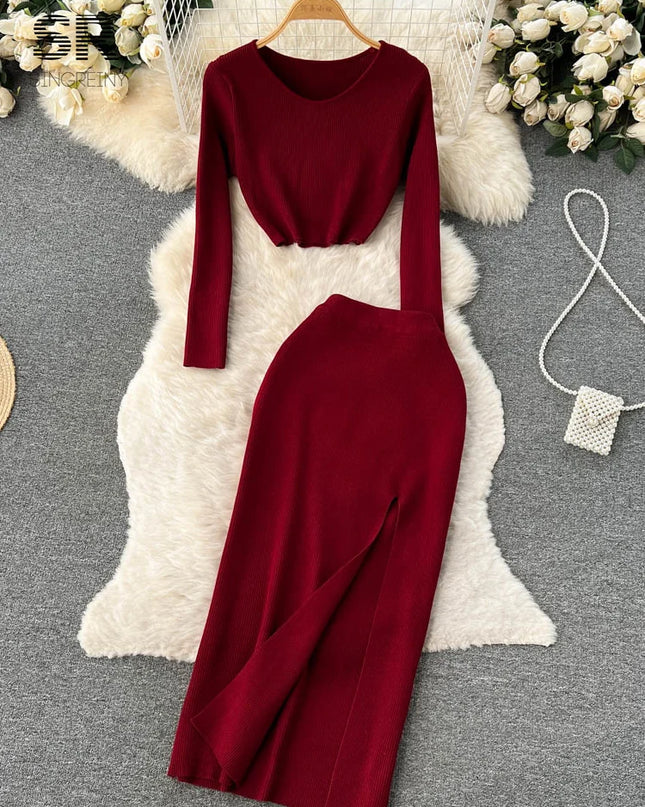 Set – Crop Tops + Fitted Long Skirt with Slit