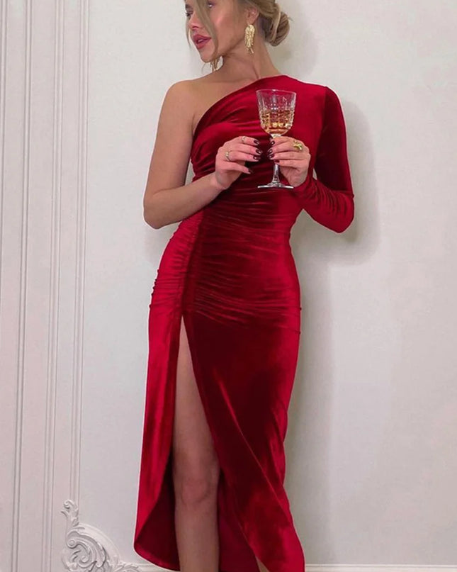 Vestido Elegante  Manga Larga y Abertura - Elegant Long Sleeve Dress with Slit