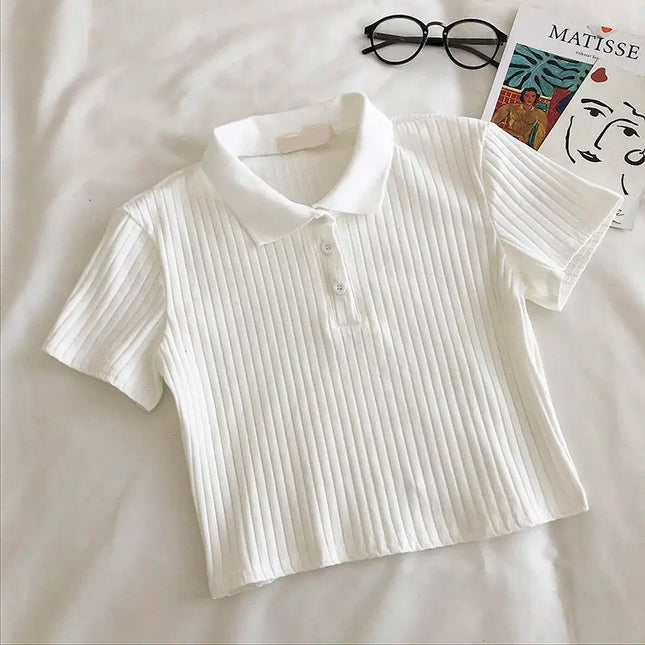 Cropped T-Shirt - Polo Neck with Buttons