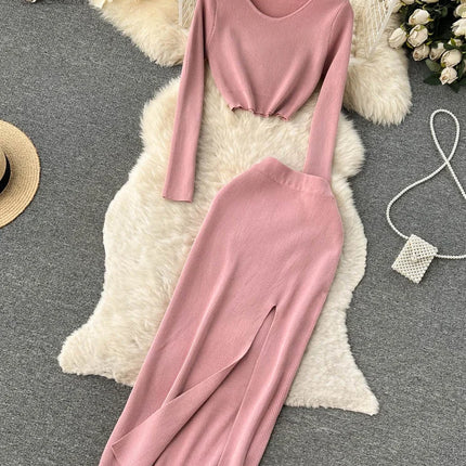 Set – Crop Tops + Fitted Long Skirt with Slit