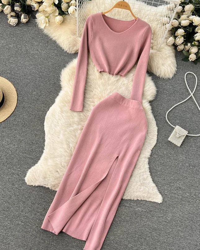 Set – Crop Tops + Fitted Long Skirt with Slit
