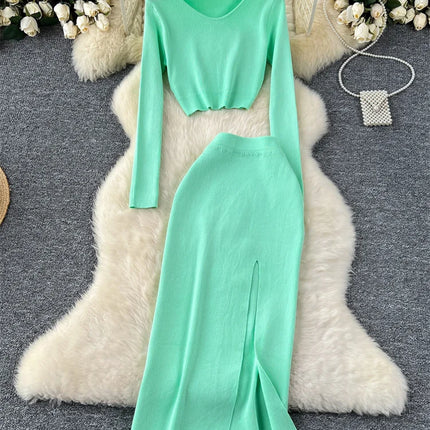 Set – Crop Tops + Fitted Long Skirt with Slit