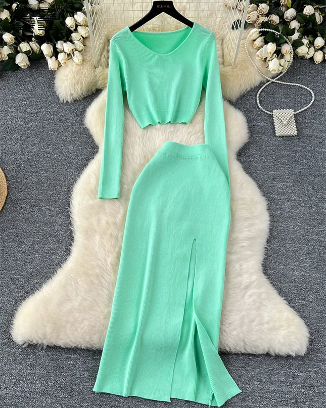 Set – Crop Tops + Fitted Long Skirt with Slit