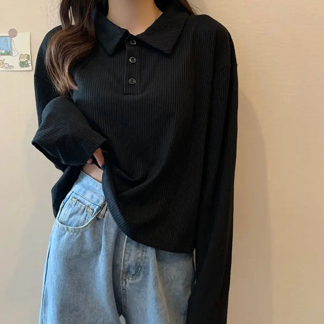 Cropped T-Shirt - Polo Neck with Buttons