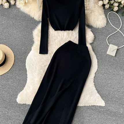 Set – Crop Tops + Fitted Long Skirt with Slit