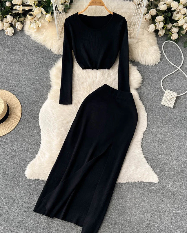 Set – Crop Tops + Fitted Long Skirt with Slit