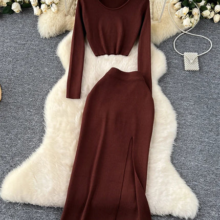 Set – Crop Tops + Fitted Long Skirt with Slit