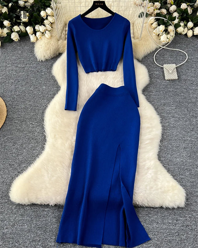 Set – Crop Tops + Fitted Long Skirt with Slit