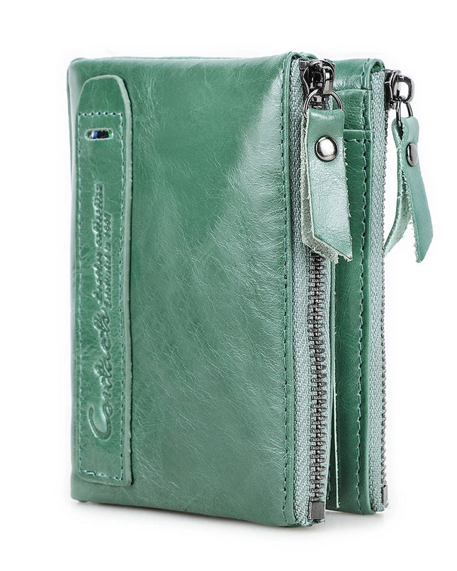 Cartera de Cuero Genuino para Mujer con Doble Cremallera - Genuine Leather Wallet