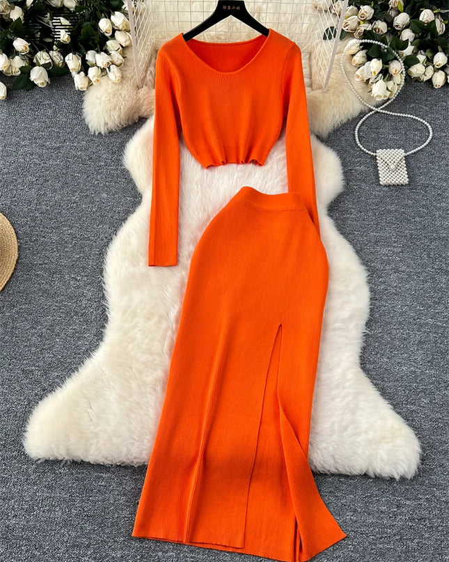 Set – Crop Tops + Fitted Long Skirt with Slit