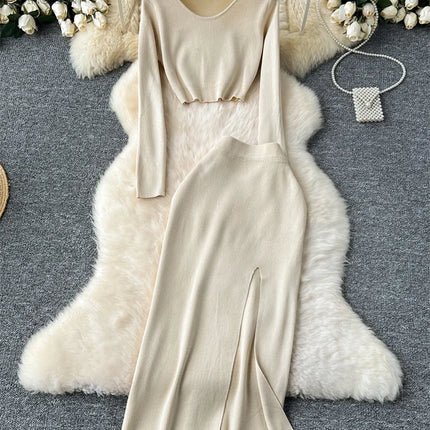 Set – Crop Tops + Fitted Long Skirt with Slit