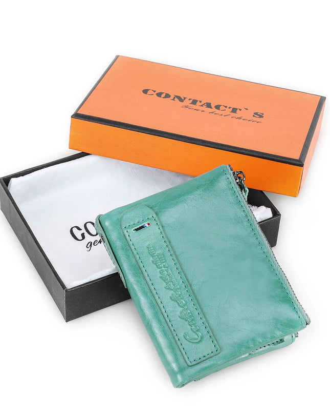 Cartera de Cuero Genuino para Mujer con Doble Cremallera - Genuine Leather Wallet