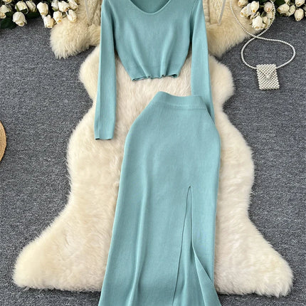 Set – Crop Tops + Fitted Long Skirt with Slit