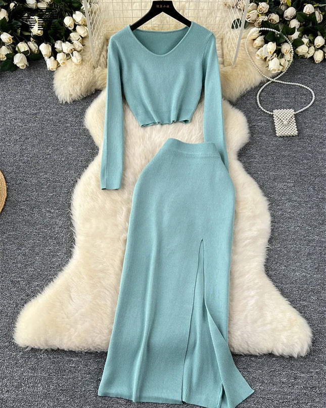 Set – Crop Tops + Fitted Long Skirt with Slit