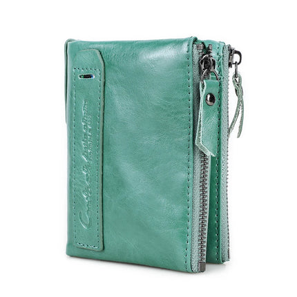 Cartera de Cuero Genuino para Mujer con Doble Cremallera - Genuine Leather Wallet