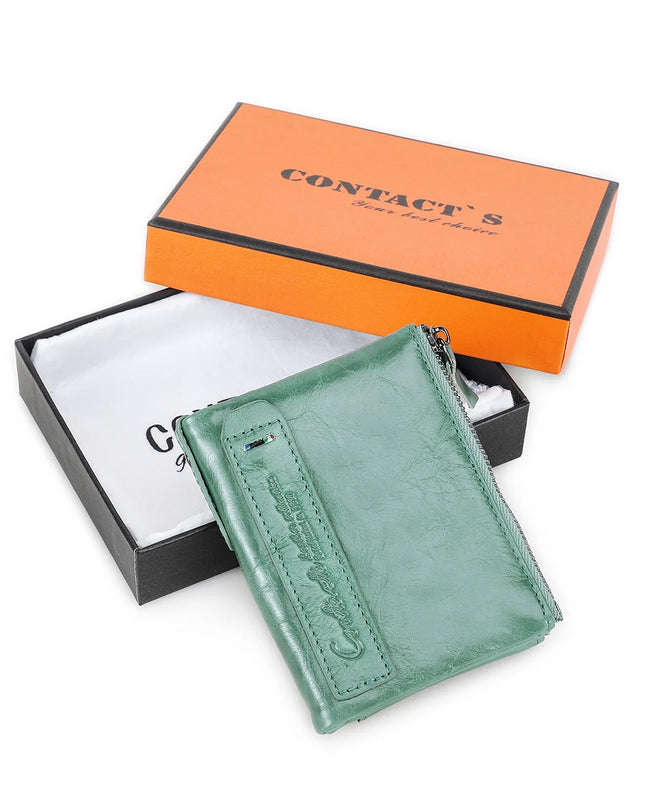 Cartera de Cuero Genuino para Mujer con Doble Cremallera - Genuine Leather Wallet