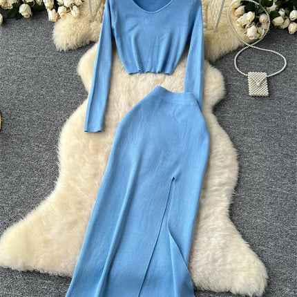 Set – Crop Tops + Fitted Long Skirt with Slit