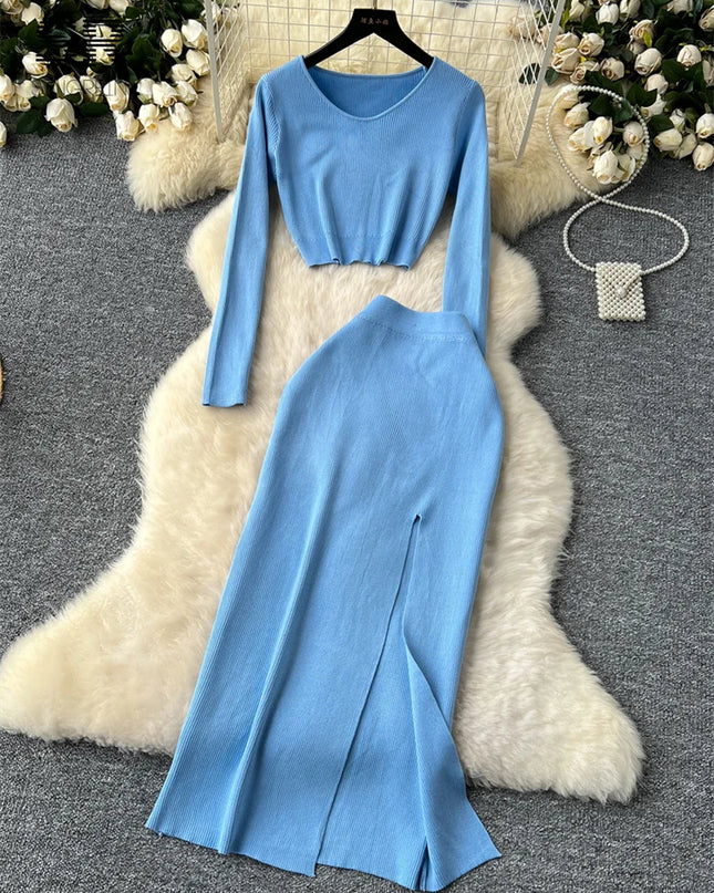 Set – Crop Tops + Fitted Long Skirt with Slit