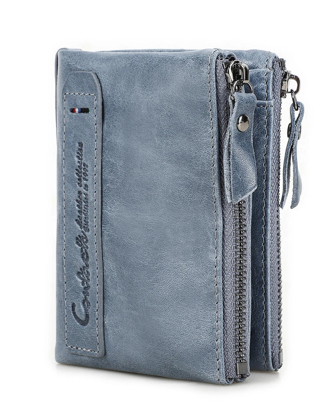 Cartera de Cuero Genuino para Mujer con Doble Cremallera - Genuine Leather Wallet