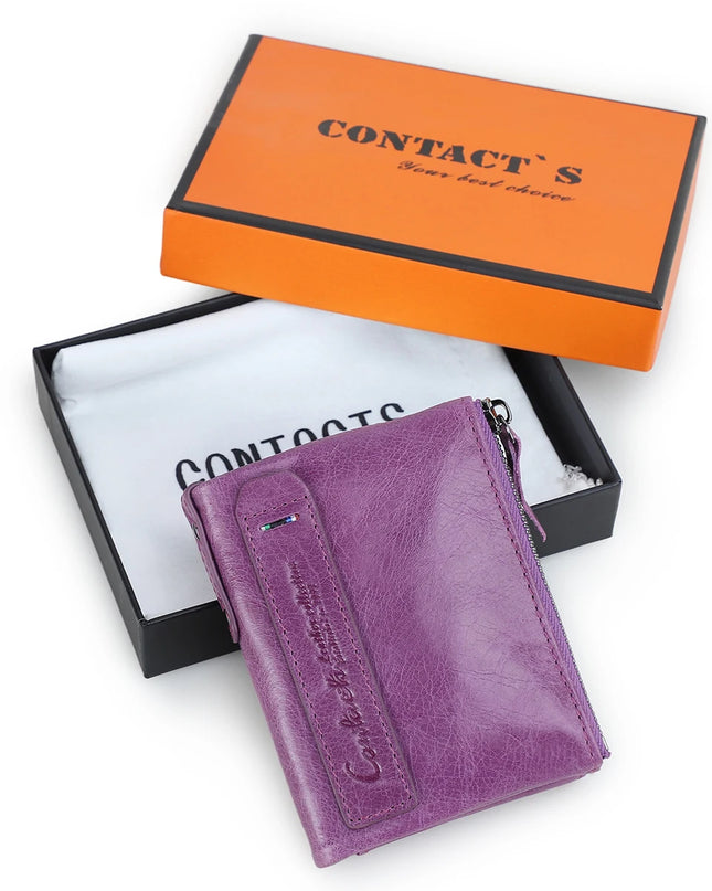 Cartera de Cuero Genuino para Mujer con Doble Cremallera - Genuine Leather Wallet