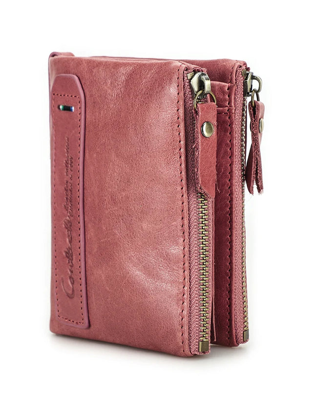 Cartera de Cuero Genuino para Mujer con Doble Cremallera - Genuine Leather Wallet