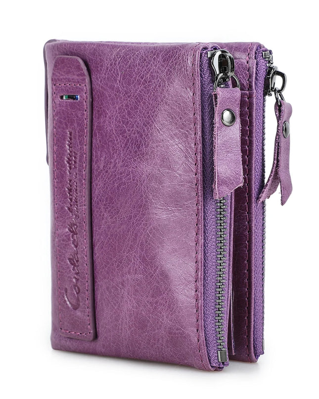 Cartera de Cuero Genuino para Mujer con Doble Cremallera - Genuine Leather Wallet