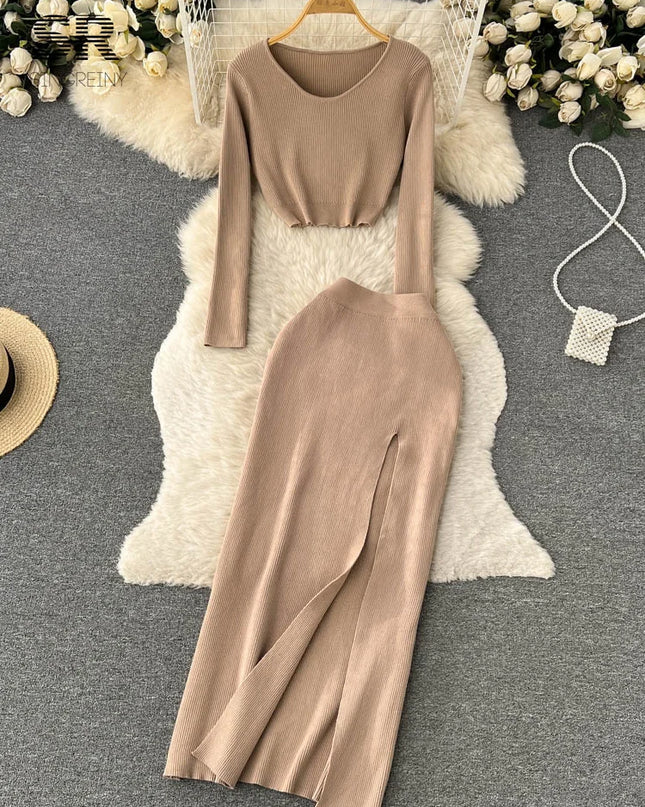 Set – Crop Tops + Fitted Long Skirt with Slit